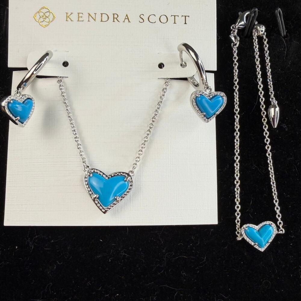 Kendra Scott Turquoise Silver Ari Heart Jewelry Set 3 Earrings Necklace Bracelet
